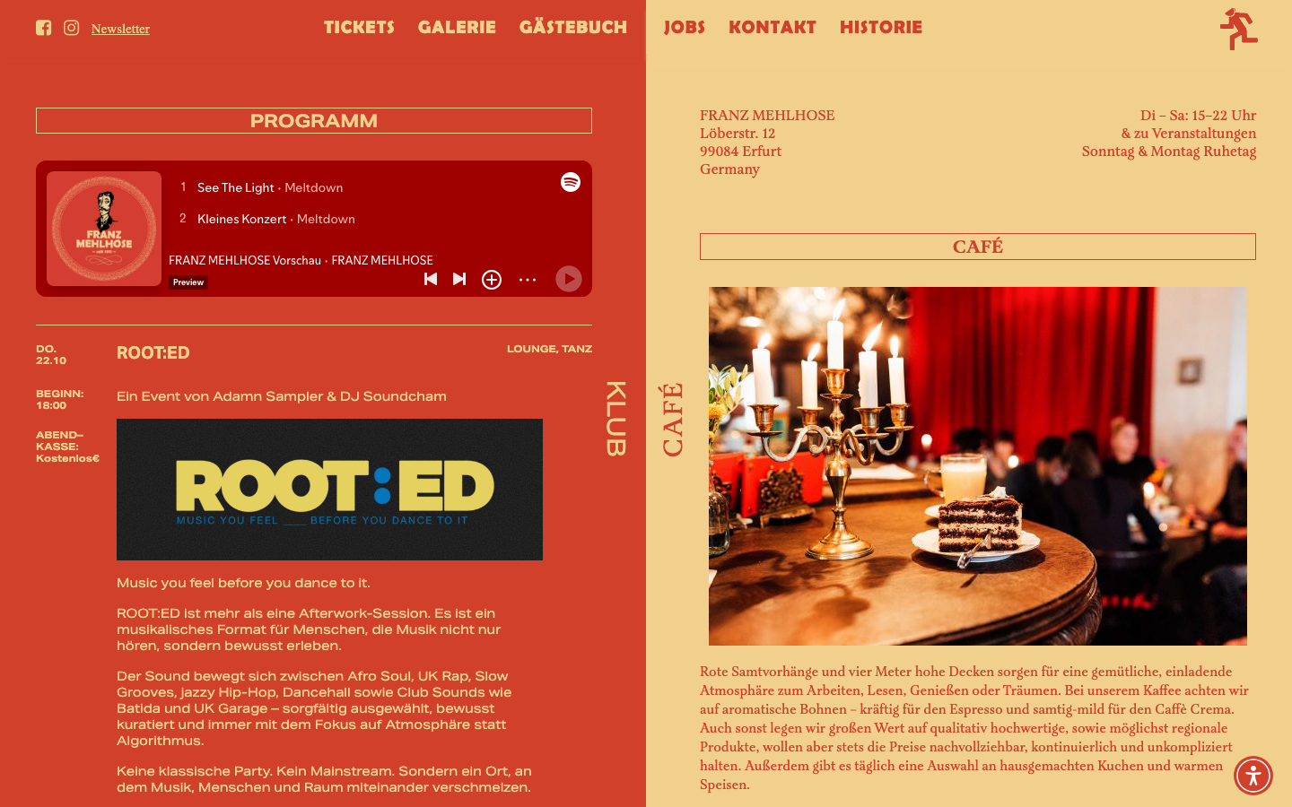 Franz Mehlhose homepage, programme and café